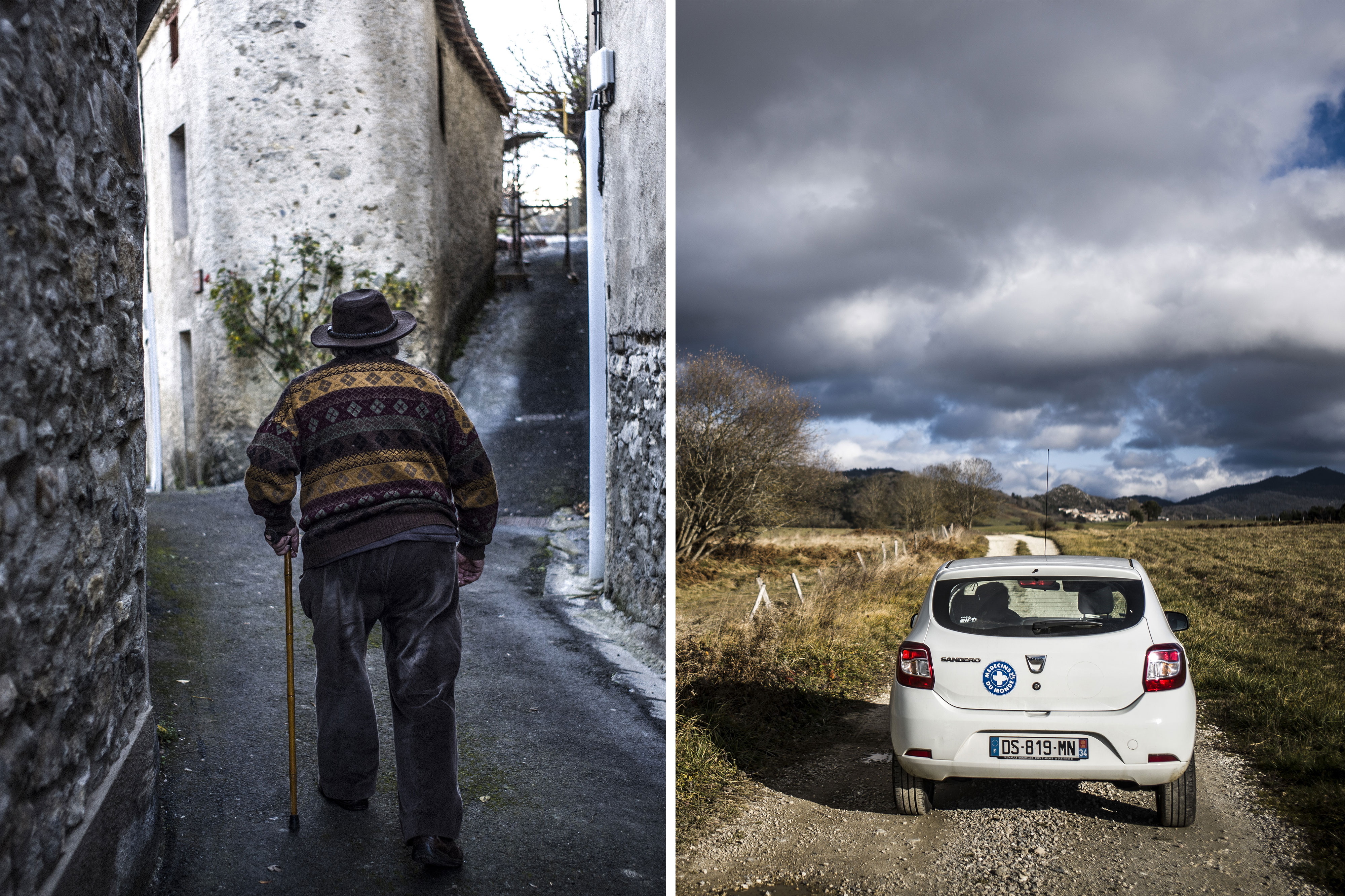 Une personne âgée marche dans les rues d'un village de la Vallée de l'Aude