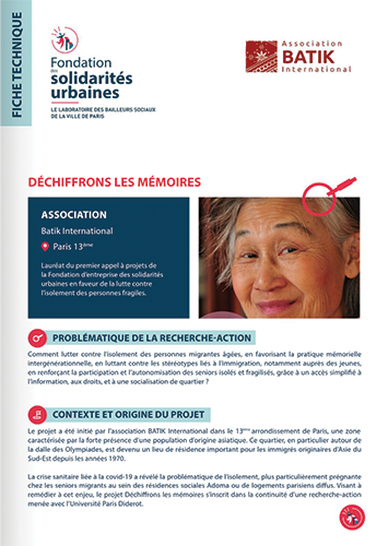 Fiche technique du projet "Déchiffrons les mémoires" de l'association Batik International