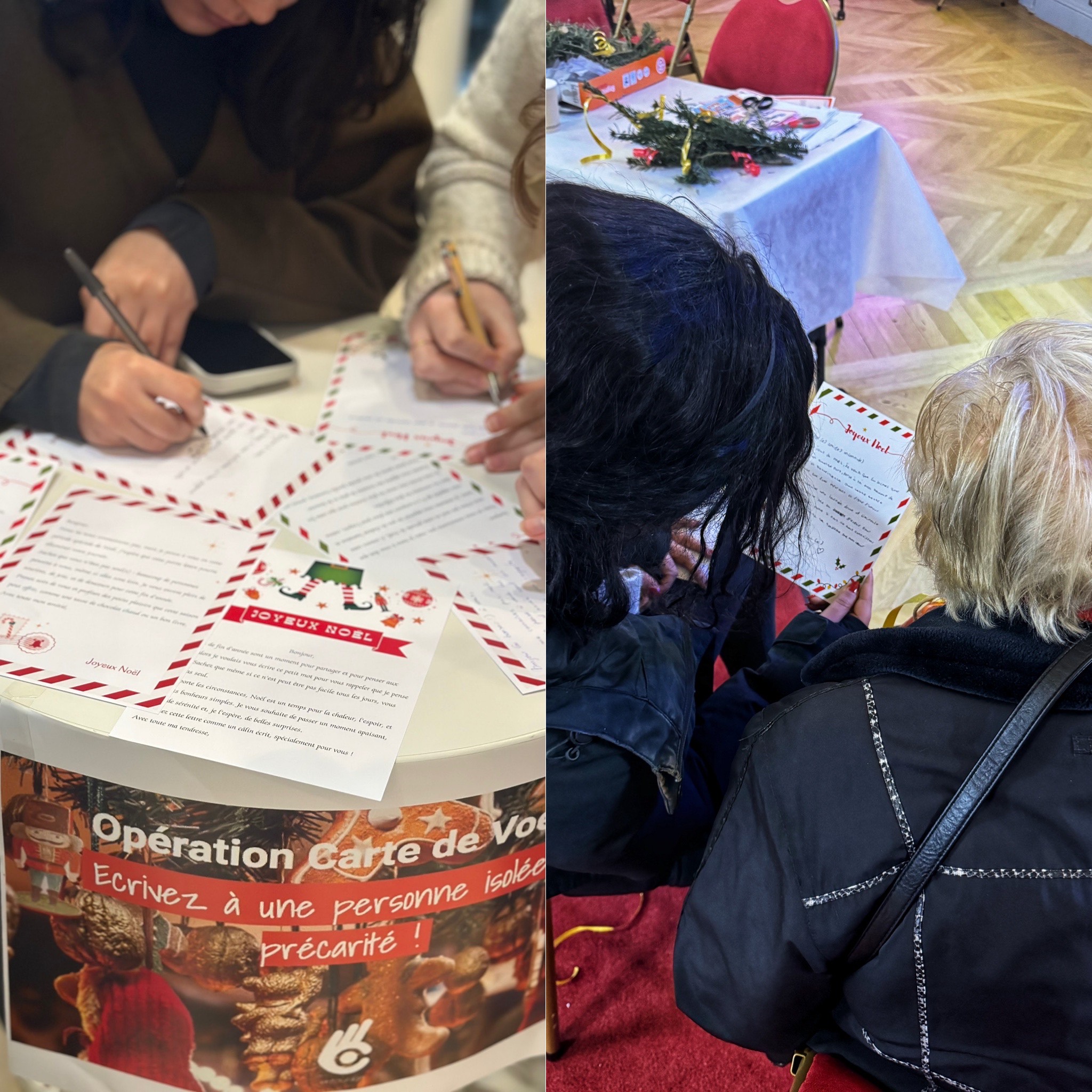 A gauche, des collaborateurs Carrefour écrivent des lettres de Noël. A droite, les lettres distribuées aux aînés.