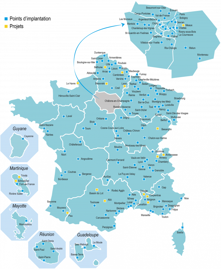 Carte d'implantation des sites E2C en France