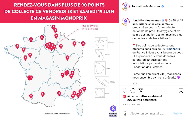 Les 18 et 19 juin la grande collecte nationale aura lieu dans 140 Monoprix. Crédit : Instagram Fondation des Femmes