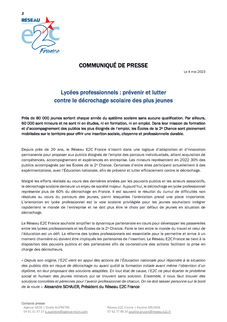 RESEAU E2C FRANCE - Communiqué de presse