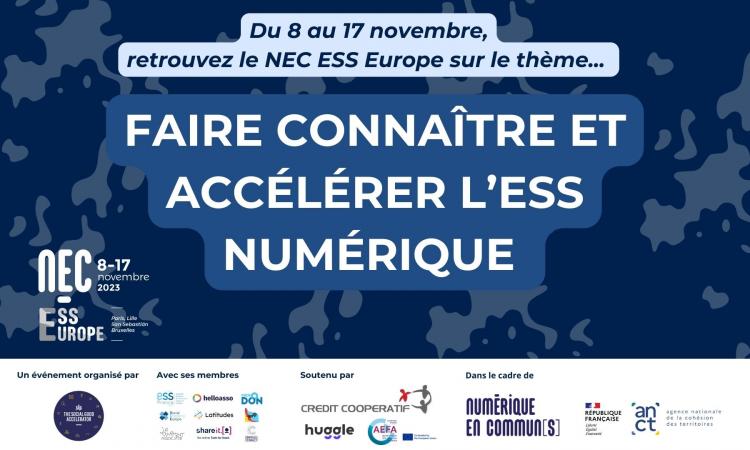 Visuel du NEC ESS Europe avec le thème de l'événement : faire connaître et accélérer l'ESS numérique