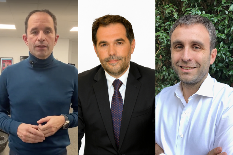 Benoit Hamon, Stéphane Junique et Damien Baldin sont les trois candidats à la présidence d'ESS France. Crédits : Carenews et DR.