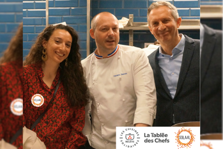 Lydie Saidj responsable des dons et coordinatrice SOLAAL IDF, Frédéric Simonin Meilleur Ouvrier de France 2019 Chef étoilé et parrain de La Tablée des Chefs et Vincent Brassart président de La Tablée des Chefs France