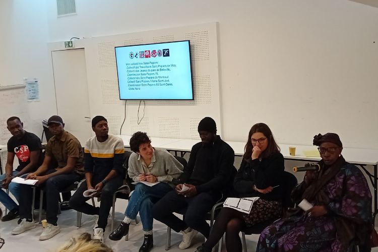 De gauche à droite : Abderrahmane Sidibé, Muhamed Bah, Anthioumane Touré, Laure Paradis (VoxPublic), Abdoulaye Sidibé, Fanélie Carrey-Conte, Mariama Sidibé. Crédit : Léanna Voegeli