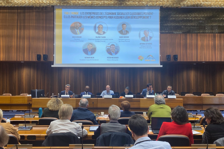 Table-ronde « Les entreprises de l'ESS et les entreprises classiques peuvent-elles partager les mêmes concepts pour assurer leur développement ? », lors des 11e Rencontres du Mont-Blanc, à Genève. Crédit : Carenews.