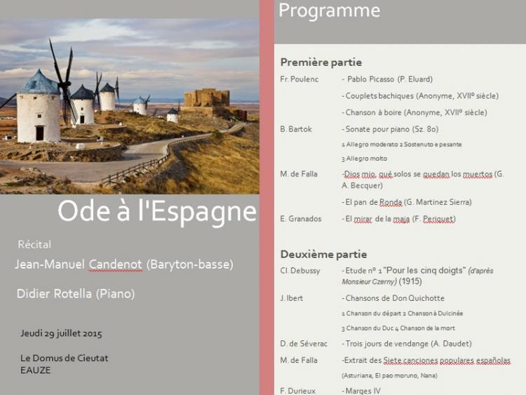Ode à l'Espagne le mercredi 29 juillet 2015 à 21h à la Domus de Cieutat