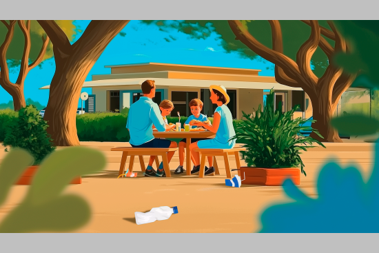 Famille déjeunant sur une aire d'autoroute