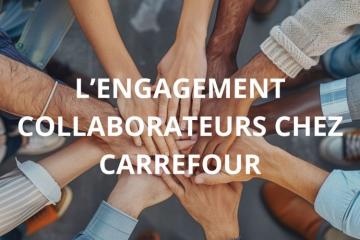 Photo de plusieurs mains liées illustrant la solidarité. Titre : L'engagement collaborateurs chez Carrefour.