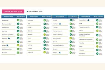 Cinq entreprises font leur entrée dans l'indice Vérité 40 en 2025 : Edenred, Engie, Michelin, Safran et Sopra Steria. Crédit : Axylia. 